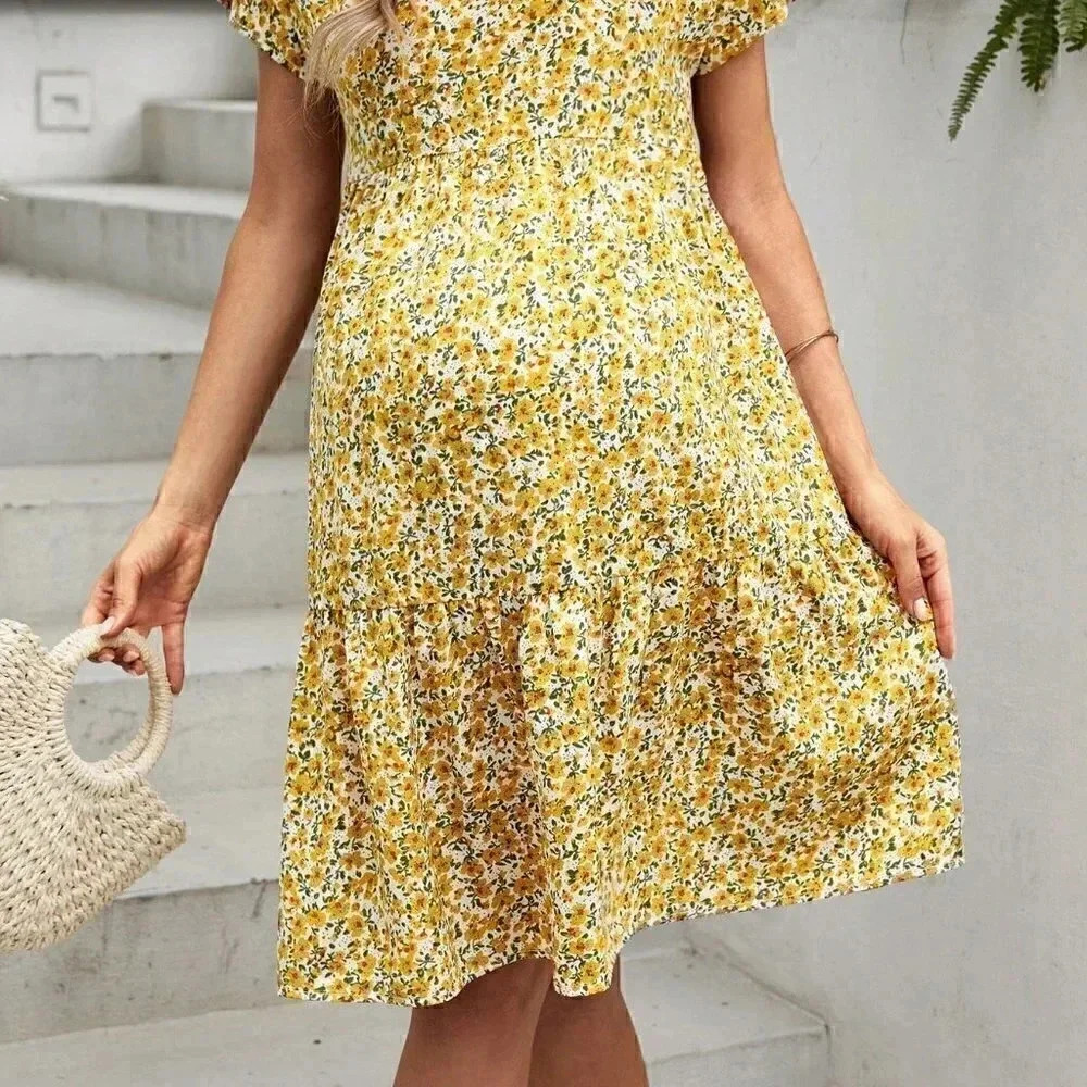 Yerllow Boho Womens Floral Print Ruffle Hem Dress - Picture 5 of 5